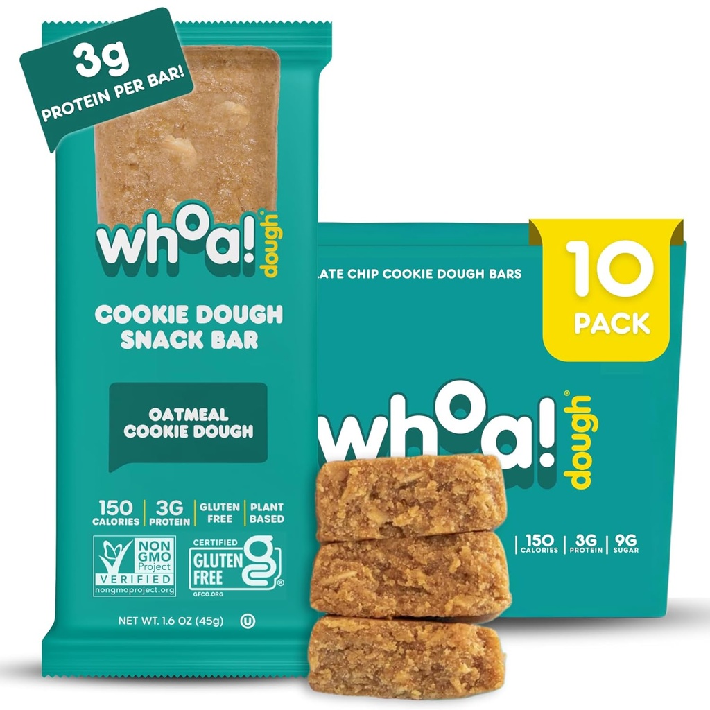 Whoa Dough Jedlé Cookie Dough Bars- Certified Non- GMO, Kosher a gluten Free Bary - Zdravé Snack Foods - Plant Based Snacks Made with Real Ingredients - Ovesné mouky Cookie Dough - 10 Pack