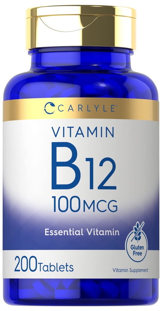 Carlyle vitamin B12 100mcg colum124; 200 Tablet colum124; Essential vitamin Supplement Cumber 124; Vegan, Non- GMO, a gluten Free Formule