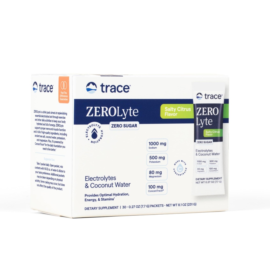Stopy Minerály ZeroLyte - Doplnění sodíku a elektrolytu - Energy & Hydration Support Drink Powder - Nerve & Muscle Function Support - Salty Citrus, 30 Packets (30 Servingů)