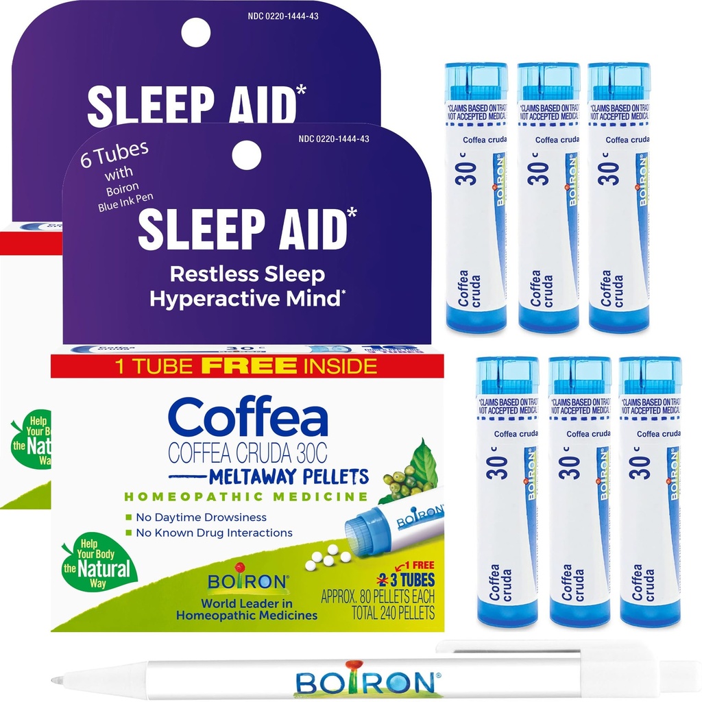 Boiron Coffea Cruda 30C - 6 Total Blue Tubes - Homeopatická spánková pomůcka pro neklidný spánek, psychická hyperaktivita, závodní myšlenky, a potíže se spánkem s modrým inkoustem Pen