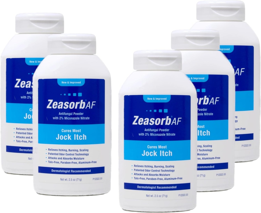 Zeasorb AF Antimykotický prášek s 2% Miconazole Nitrate, Léčí nejvíce Jock Itch, 2.5 oz (balení po 5)