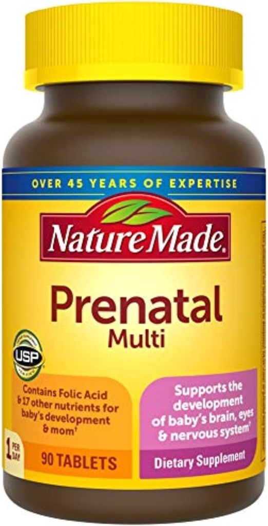 Nature Made Prenatal Multi, 90 Tablet, kyselina listová + 17 Prenatal Vitamíny & Minerály na podporu vývoje dítěte a maminka, Vitamin D3, vápník, železo, jód, vitamín C, a další (balení po 3)