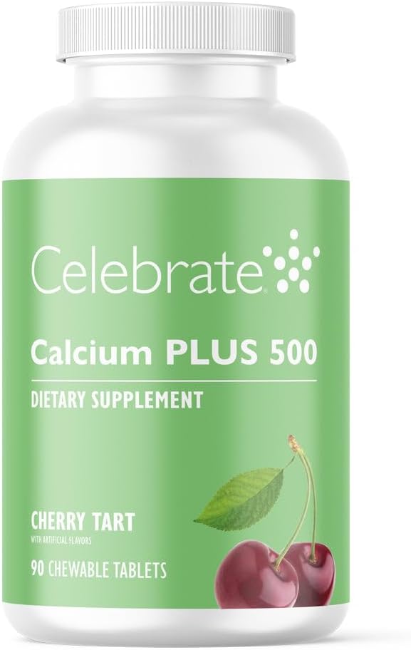 Oslavte Vitamíny vápník Plus - 500 mg vápníku Citrát, 333 IU vitaminu D3 & 34mg Magnesium pro postbariatrickou chirurgii - Bezlepkové a cukrové tablety - Cherry, 90 Žvýkací tablety