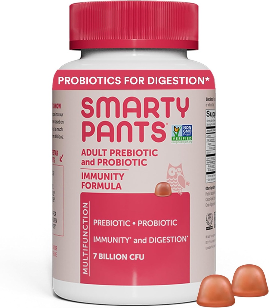SmartyPants Dospělé probiotické a prebiotické gumy pro trávicí zdraví: Gut Health dodatek, Klinicky studoval Prebiotic pro imunitní podporu, Strawberry, 60 Počet (30 Day Supply)