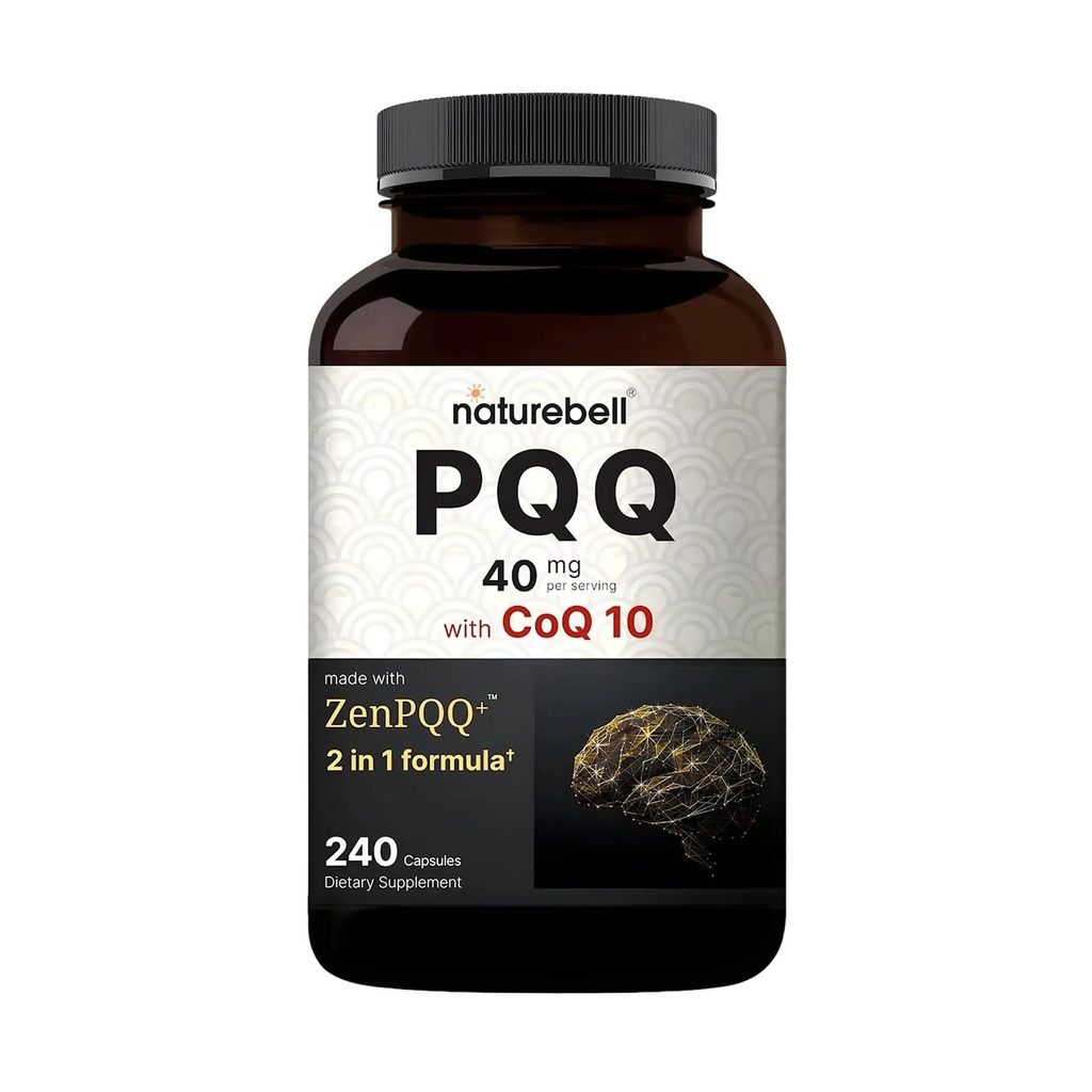 NatureBell PQQ 40mg Per Serving with CoQ10, 240 Kapsle 124; Aktivní Pyrrolochinolin Quinone, Vysoce biologicky dostupné ZenPQQ + Formule - Promotes Heart, Brain, & Mitochondrial Health - Non- GMO