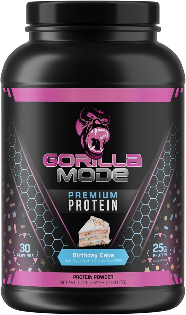 Gorila Mind Premium Syrovátkový protein - narozeninový dort, 25 gramů syrovátkového proteinu izolátu a koncentrátu, dobývání a budování svalů (30 Služeb)