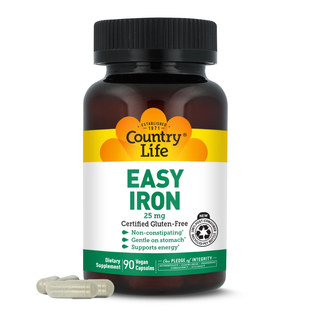 Country Life Easy Iron 25mg Kapsle - Gentle Non- Constipating Ferrochel - Veganský doplněk vitamínu pro ženy a muže - Podporuje Body Energy