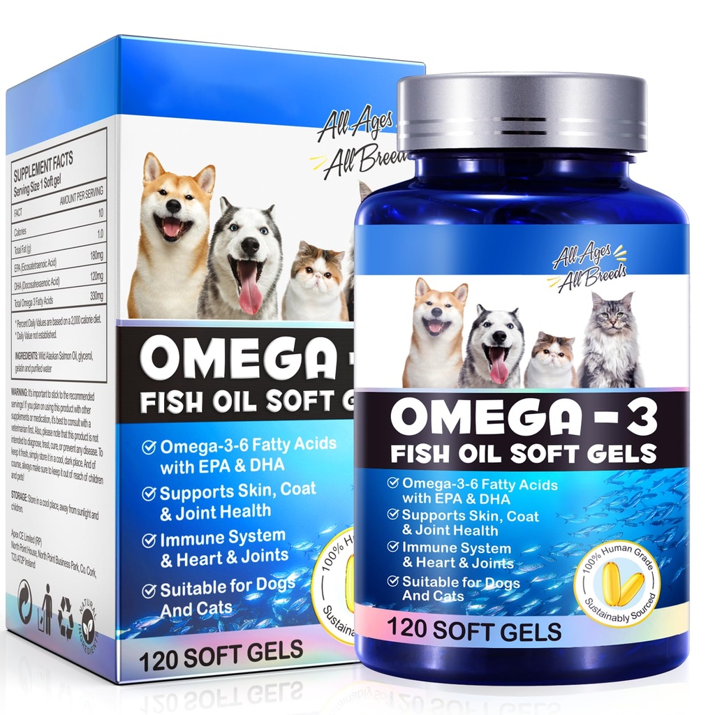 Omega-3 Rybí olej pro psy, Omega 3 Rybí olej s EPA & DHA podporuje psy Sezónní alergie Relief, Zvyšuje imunitní funkci, Itch Skin Relief & Podpora zdraví, Pet doplňky - 120 Soft Gels
