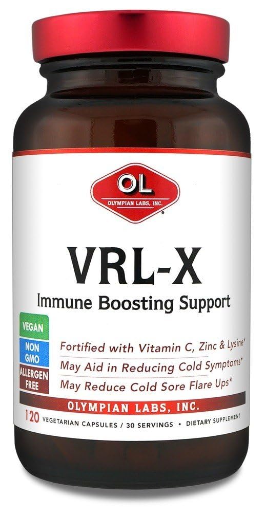 Olympian Labs VRL-X Pokročilá imunitní podpora, Vitamin C, Zinek & Lysin, May Aid in Cold Sore Relief, 120 Kapsle