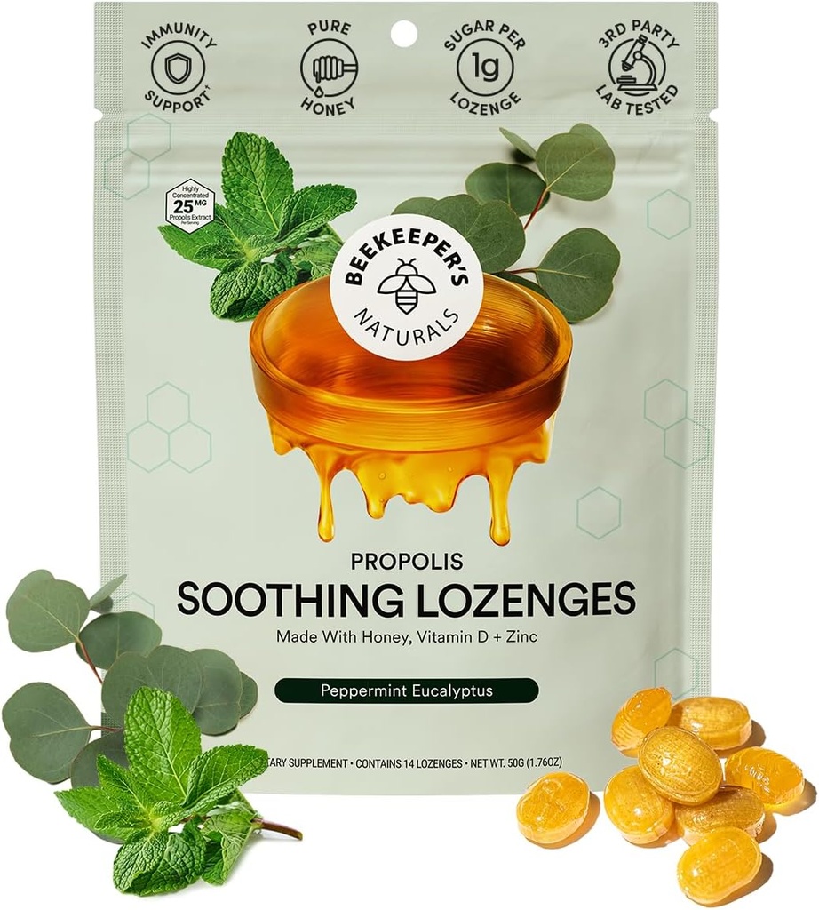 Beekeerovy Naturals Soothing Mint Eucalyptus Cough Drops, Imunitní podpora s vitamínem D, zinek a propolis, Chlazení & Krční Soothing Lozenges, 14 Ct