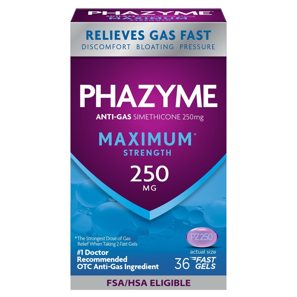 Phazyme Maximum * Síla Anti- Gas 250 mg Simethicone Gas Relief pro dospělé, Rychlé gely Rychlé pocení, Tlak & Nepohodlí, 36 Počet