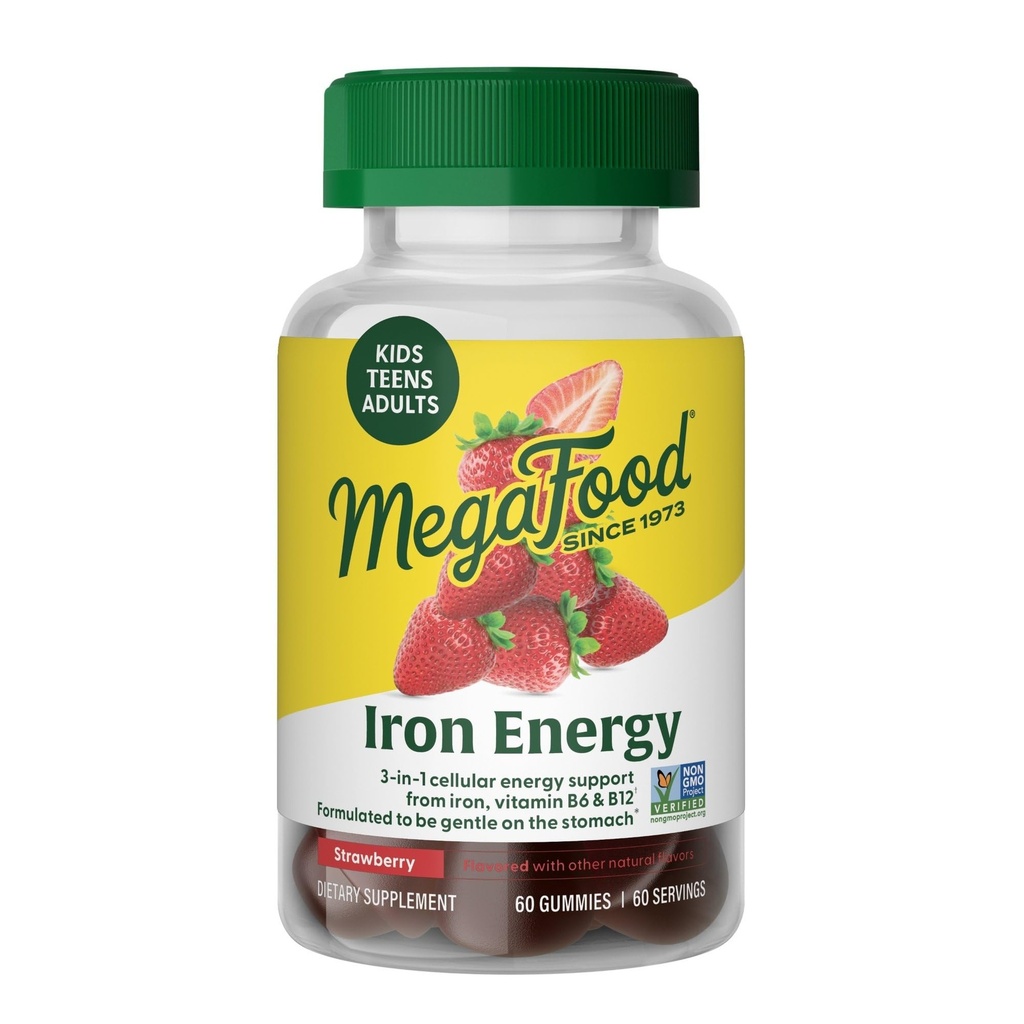 Megafood Iron Energy Gummies, Železný dodatek pro ženy, Muži, Teens & Kids s vitaminem B12 & B6, Vitamíny, od Makers of Blood Builder Dodatek, Jahodová příchuť, 60 Počet