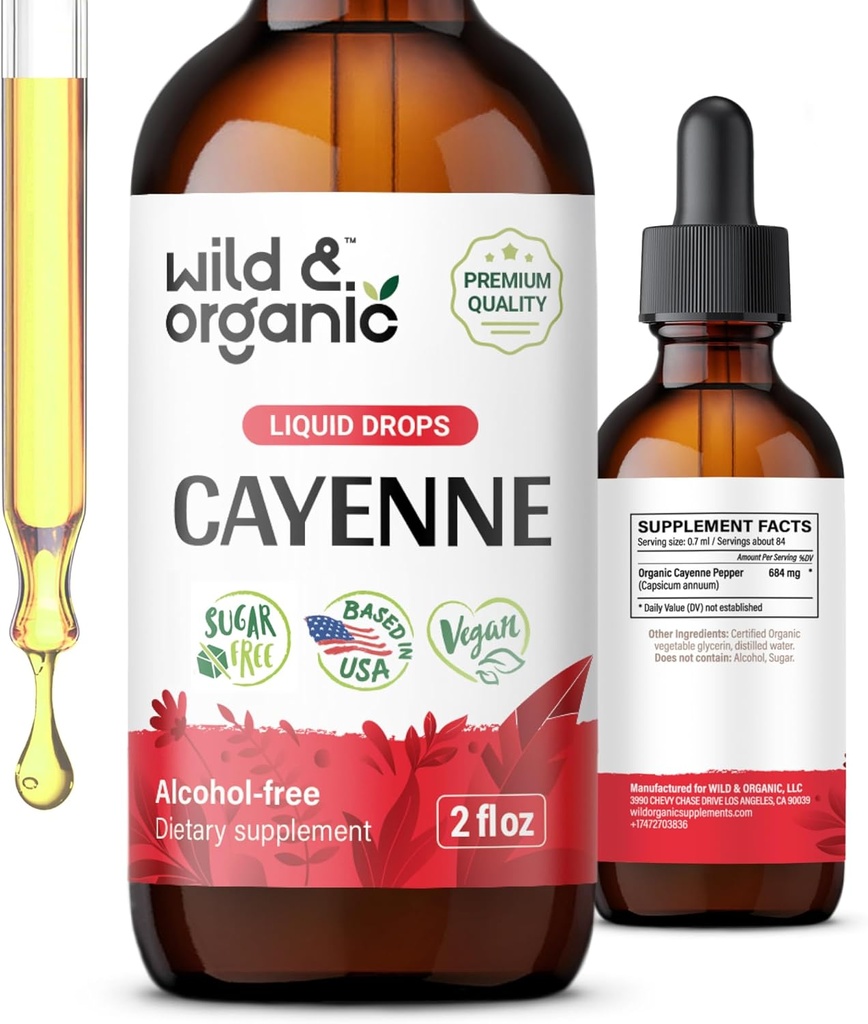 Wild & Organic Cayenne Pepper Tincture - Capsaicin doplňky pro stravitelnou podporu - Cayenne Pepper Extract Liquid - Vegan, Alcohol- Free Drops - 2 fl oz