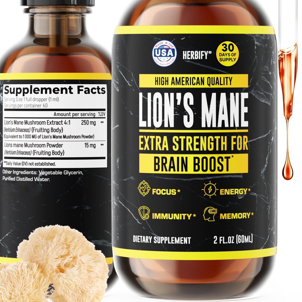 HERBIFY Lions Mane Dodatek - Denní Houbový dodatek pro paměť, Focus & Clarity - Brain Booster - Lvi Mane Tincture pro imunitní podporu - 2 Fl oz