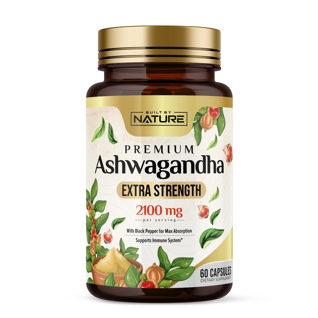 Postaven přírodou Ashwagandha 2100mg Extra síla Stress Relief & Mood Podpora s Black Pepper Extract pro Max Absorpce - Non- GMO, Vegan, Gluten- Free - 60 Kapsle