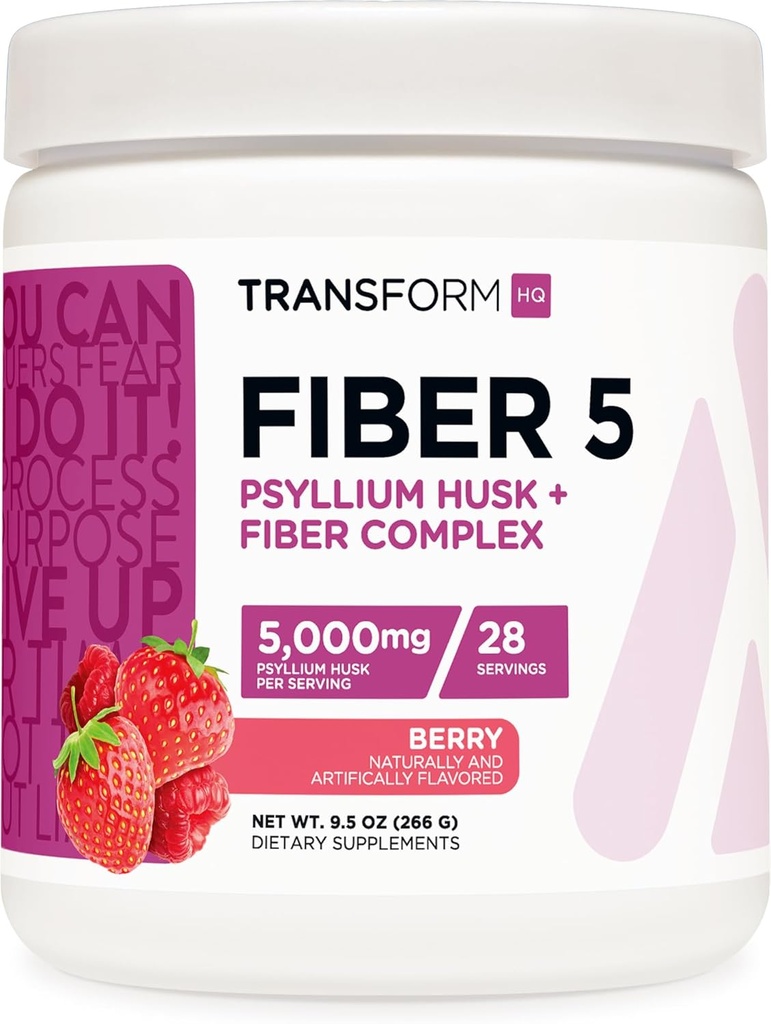 TransformHQ Fiber 5 Psylium Husk Complex Powder (Berry Flavor) (28 Servings) - 5,000mg Psyllium Husk per Serving - Stravovací zdraví, přírodní doplněk, Soluble Plant Fiber Blend