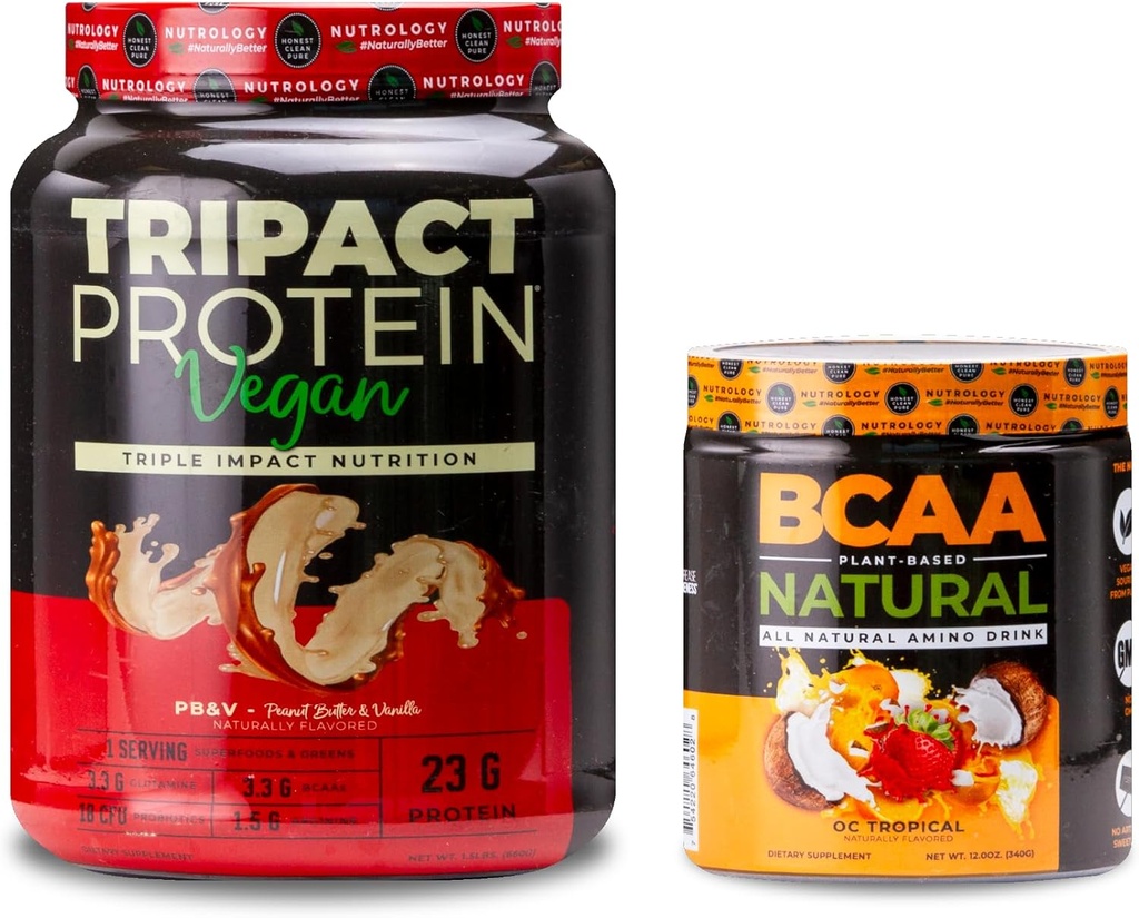 Nutrology TRIPACT Vegan Protein Powder, for Vegan Protein Shake, Peanut Butter Vanilla (20 Servings) BCAA Natural, Plant Based BCAA Powder, Orange Coconut Flavor (30 Servings)