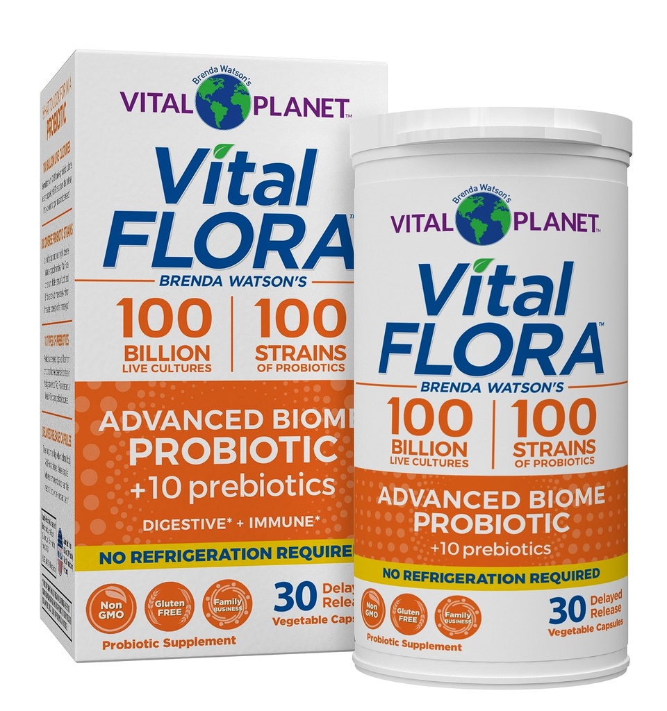 Vital Planet - Vital Flora Advanced Probiotic 100 Bilion CFU, 100 Diverse Straight Strains, 10 Organic Prebiotics, Imunitní podpora, Digestive Health Incredible Probiotika pro ženy a muže 30 Kapsle