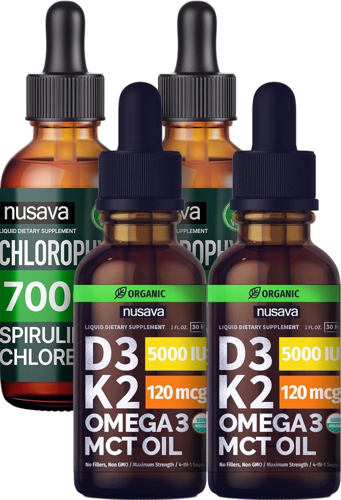 NUSAVA Neochucené D3 K2 Kapky a chlorofyl tekuté Kapky Bundle - Potentní tekuté vitamíny pro srdce, kloub, energie, a imunitní podpora - Non- GMO, gluten- zdarma, 2pk Každý
