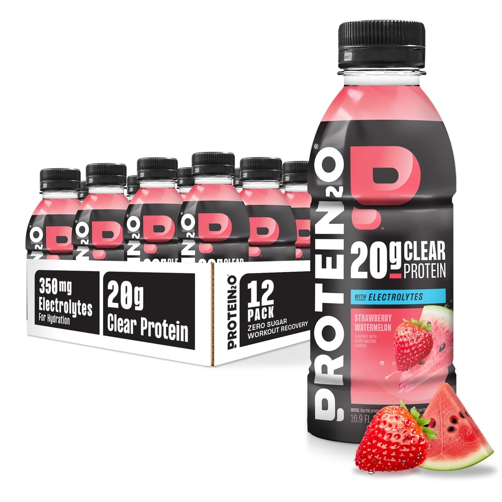Protein2o Hydratační nápoj - 2- in-1 tekutý čirý syrovátkový protein izolát a elektrolytový nápoj - 20g protein, vitaminy B5, B6 - Post- Workout Recovery - 16.9 Fl Oz - 12 Count Jahodový meloun