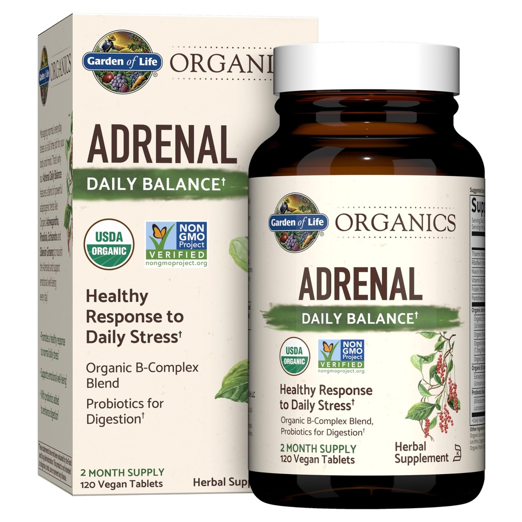 Zahrada života Organics Adrenal Daily Balance, Adaptogenní Byliny Ashwagandha, Svatý Basil, B Complex & Probiotika, Organic Non- GMO, Vegan, gluten zdarma dodatek, Dva měsíce dodávky, 120 Tablety