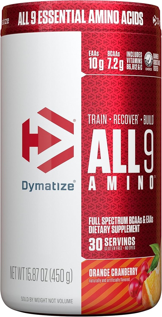 Dymatize All9 Amino, 7.2g BCAA, 10g Essential Amino Acids per Serving for Recovery and Optimal Muscle Protein Synthesis, Orange Cranberry, 30 Servings, 15.87 Ounce