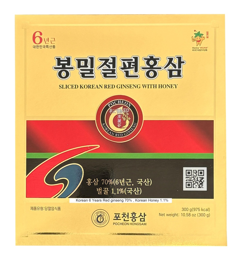 Pocheon 300g (10.6oz) 6Years Korean Panax Red Ginseng Slice with Honey, Saponin, Natural Immunication Support