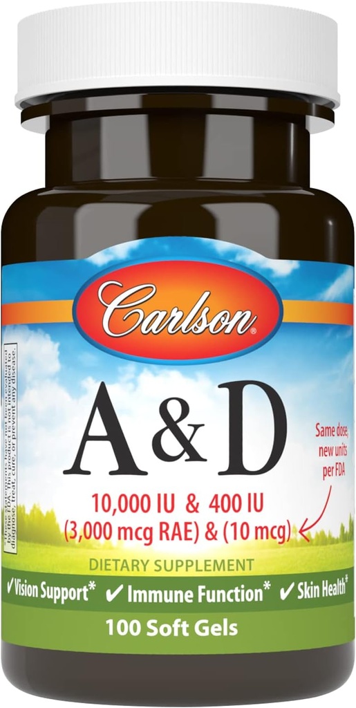 Carlson - A & D, 10000 IU (3000 mcg RAE) Vitamin A, 400 IU (10 mcg) Vitamin D3, Podpora vizí, Zdraví pokožky, 100 měkkých gelů