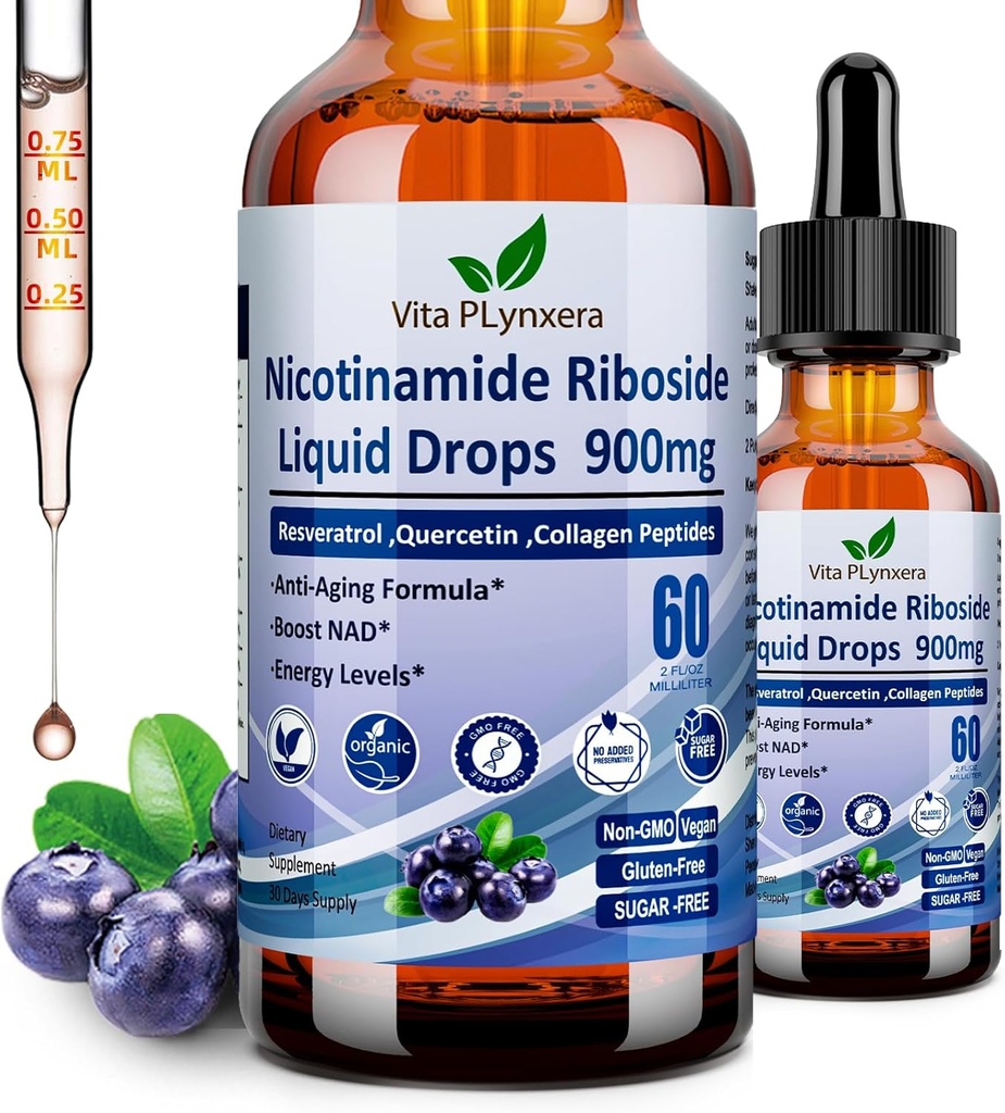 NAD doplňky pro ženy a muže, NAD Nikotinamid Riboside Resveratrol 900mg & Quercetin, Niacin, kolagen, biotin, tekutý NAD Plus doplněk NR900 pro antiaging kůže energie Longevity Focus Bran