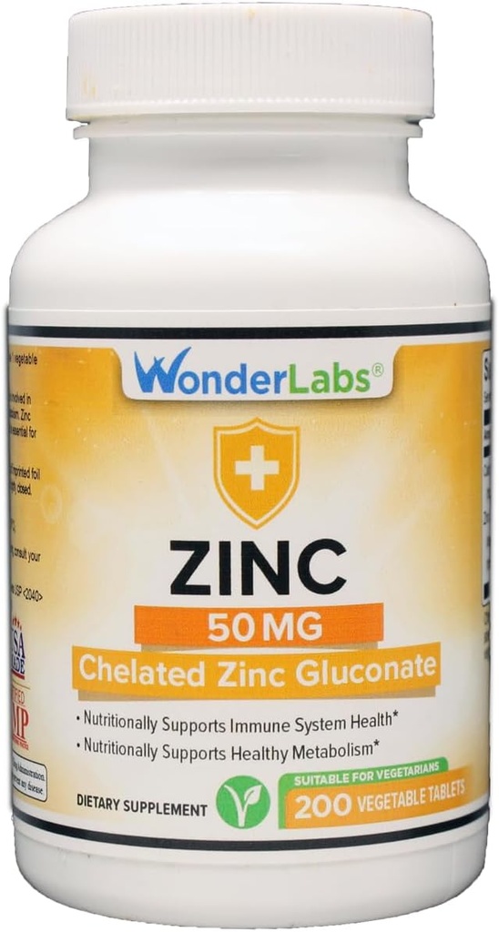 Wonder Laboratories Chelated Zinek Gluconate 50 mg - Podporuje zdravou pleť, imunitní systém, růst buněk a více - 200 Vegetariánských tablet