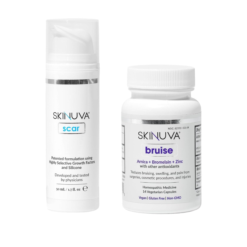 Skinuva ® Scar (1.7 oz) & Bruise (14 tobolek) - Pokročilý silikonový krém s růstovými faktory & Homeopatické Bruise Remedy s Arnica, Bromelain & Zinek