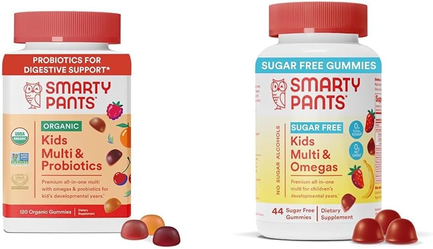 SmartyPants Kids Multivitamine Gummies Bundle: Organic Probiotics, Omega 3, Vitamíny D3, C, B12, B6, A, K & Zinek Imunitation Support, Cukr zdarma Jahodová banán, 164 Počet