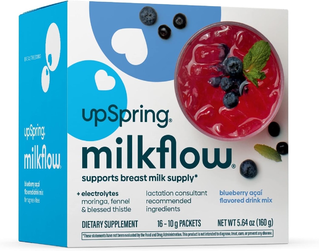 UpSpring Milkflow Electrolyte Kojení Doplněk Drink Mix Fenugreek- Free, Moringa & Blueberry Acai Flavor, Kojení Dodatek na podporu prsu Mléko a obnovení Electrolyty, 16 Mixes