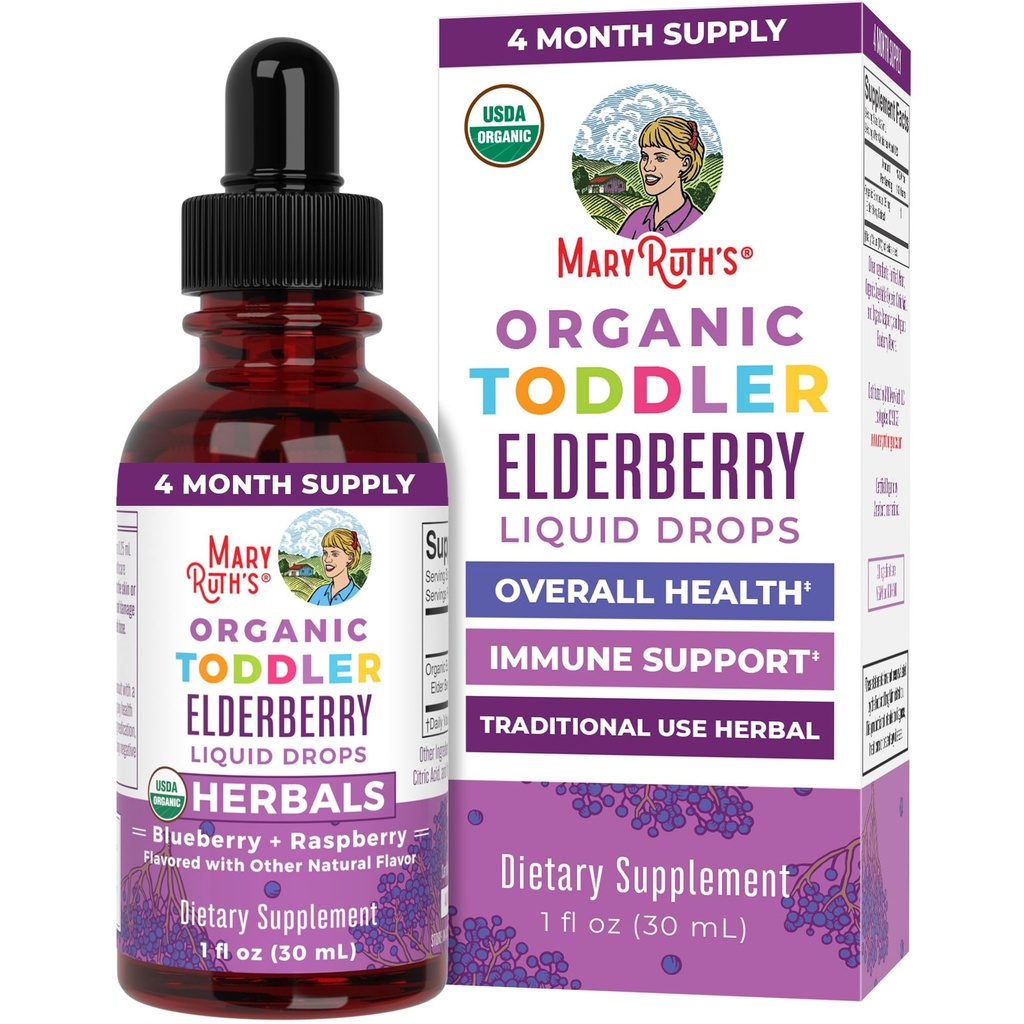 MaryRuth Organics Toddler Elderberry Syrup, USDA Organic Elderberry, Supplementary Free Kids Imunitary Supplementary for ages 1-3 years, Clean Label Project Ověřený ®, Vegan, Non-GMO, Gluten Free, 1 Fl Oz