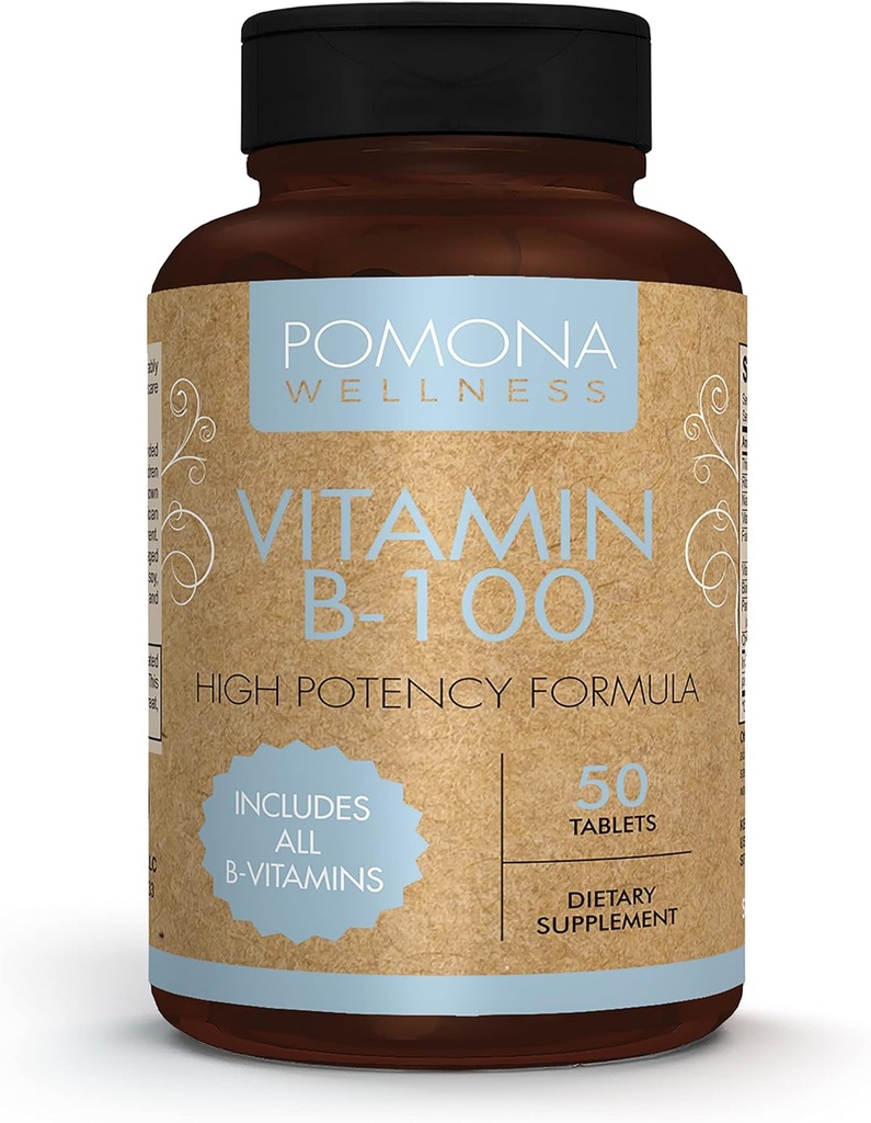 Pomona Wellness vitamin B Komplexní dodatek s listovou kyselinou, vysoká potence multivitamin, všech 10 B vitaminy včetně B12, podporuje energetické hladiny, srdeční zdraví, Non- GMO, 50 tablet