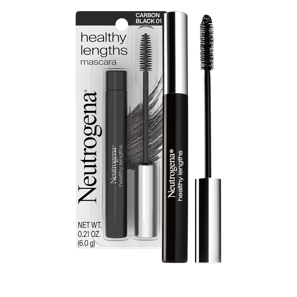 Neutrogena Zdravé Lengths Mascara - s vitaminem E & Olive Oil, Lengtening Formule Rozšiřuje vzhled vašich řas až 100% bez sevření, Flaking nebo rozmazané, Carbon Black 0.21 oz