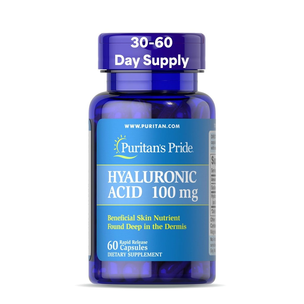 Puritans Pride Hyaluronic Acid 100mg, dodatek stravy pro hydrataci kůže, 60 Kapsle s rychlým uvolňováním