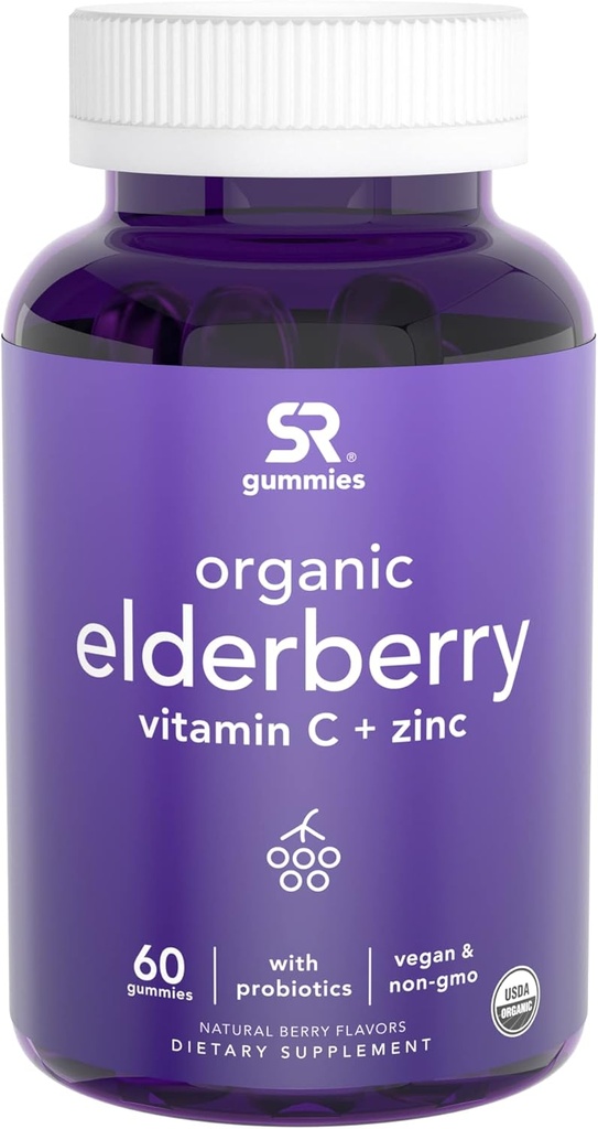 Koncentrát bezinky (65: 1) s vitaminem C, zinkem a probiotika pro imunitní podporu a Gut zdraví current 124; USDA Organic, Vegan Certified & Non- GMO Ověřené (60 Vegan Gummies)