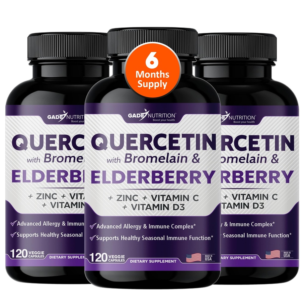 Gade Nutrition Quercetin s Bromelain & Elderberry CLANE124; Quercetin s vitaminem C a zinkem CLANE124; zinek Quercetin 500mg s vitaminem D3 CLANE124; Denní doplněk imunitní podpory - 6 měsíců Dodávka