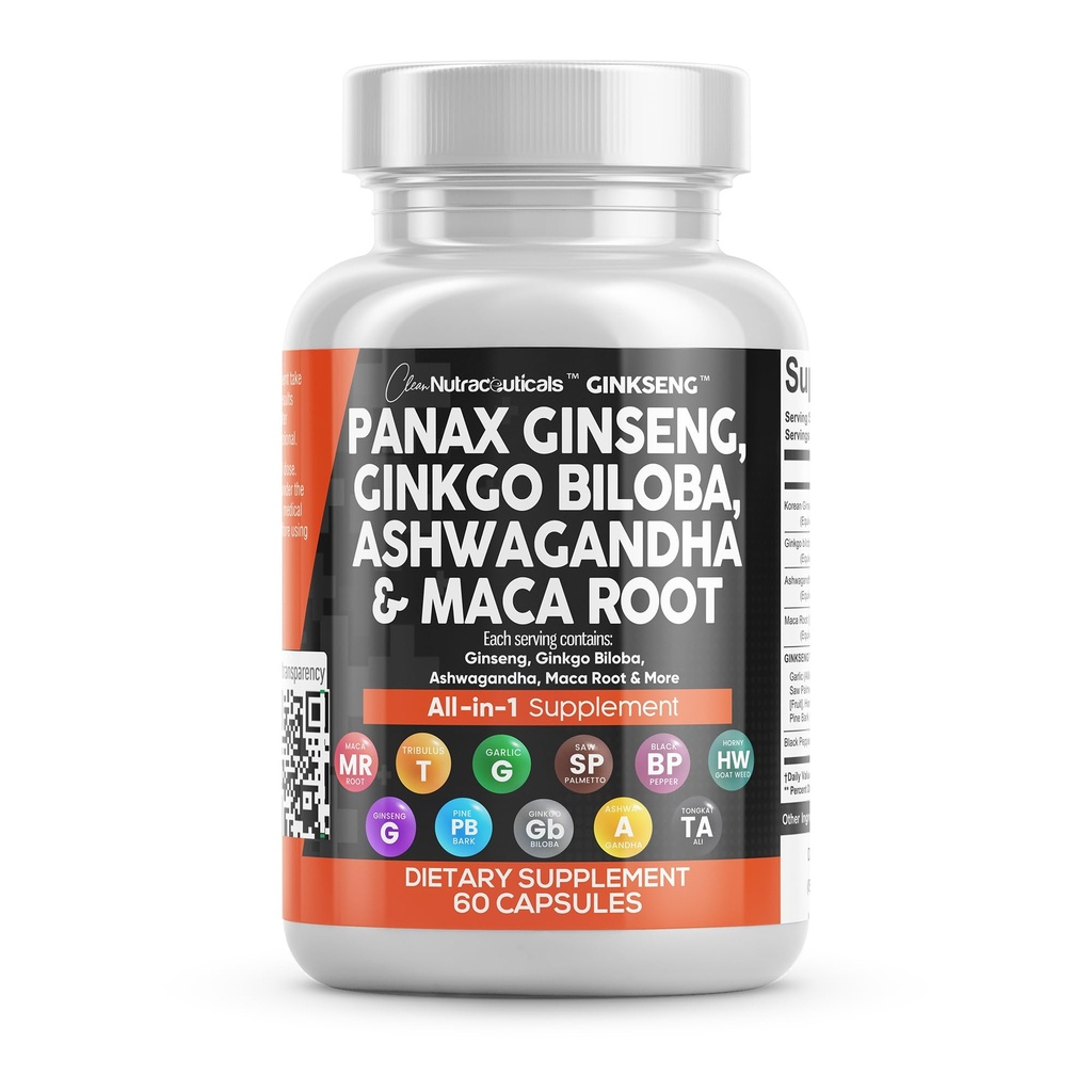 Čisté Nutracuticals Panax Ginkseng Ginkgo Biloba Ashwagandha Maca Root - Focus Doplněk pilulky pro ženy a muže s Pine Bark Extract, Česnek, a Saw Palmetto - 60 Caps