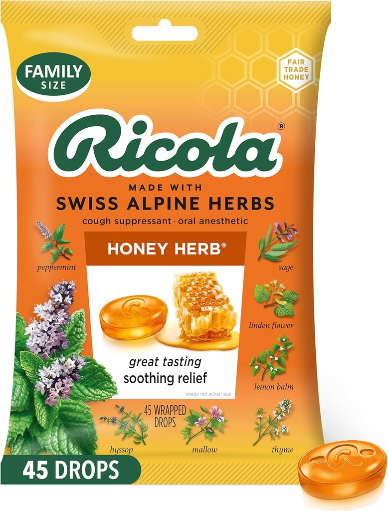 Ricola Honey Herb Kašel Kapky, 45 Počet, Fair Trade Med & Natural Menthol Kašel Suppressant & Krční Relieving Kapky, Velký Ochutnávání Relief pro kašel & Krční podráždění Příznaky