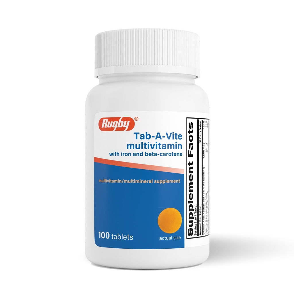 Rugby Tab- A-Vite Multivitamin se železem a beta- karotenem - Denní Multivitamin pro dospělé, Podporuje celkové zdraví, Multiminerální doplněk - 100 tablet