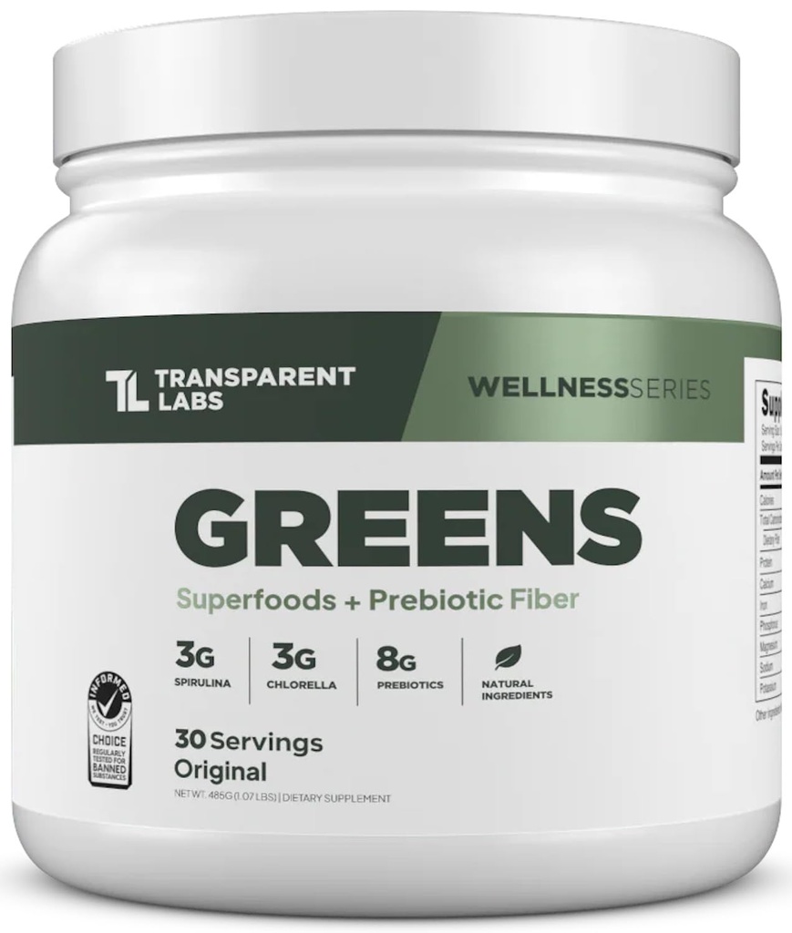 Transparentní Labs Prebiotické Zelené - Superfood Powder & Antioxidants Dodatek s Organic Spirulina, Chloerra, Acacia, & Green Banana Powder - 30 Služeb, Neochucené