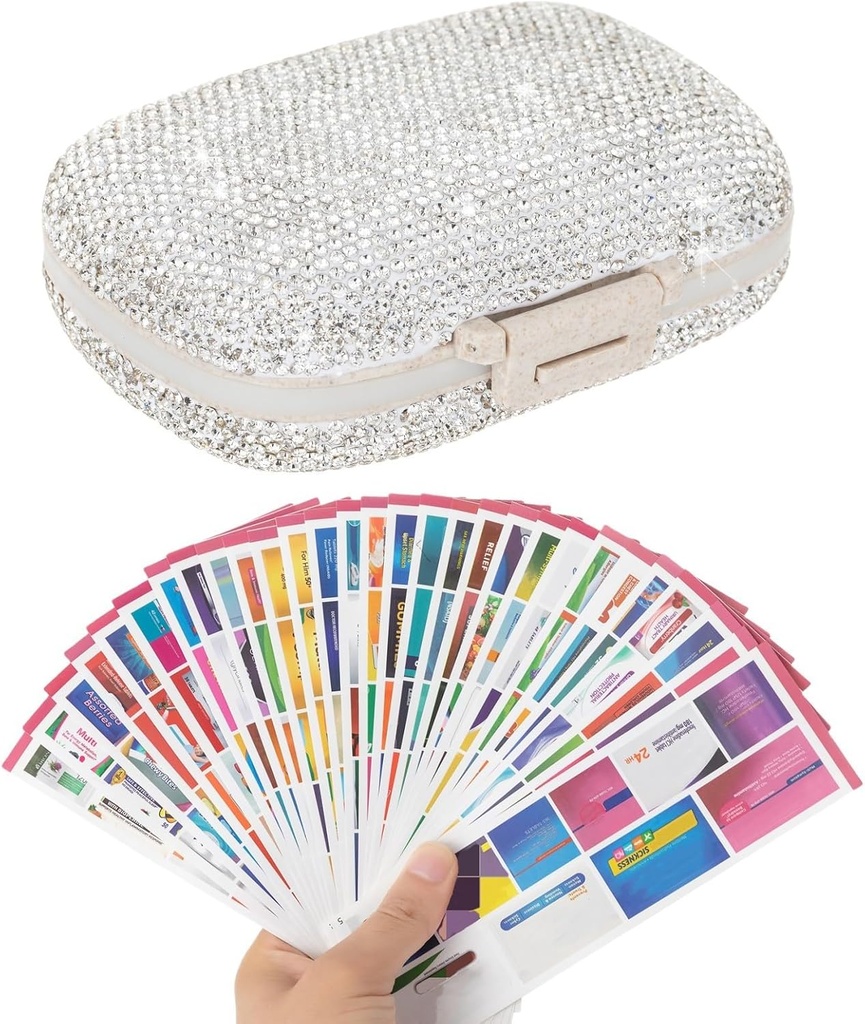 Pořadatel pilulek s etiketami Bling Pocket Pill Pouzdro s nálepkami Cestovní medicína Kit Holder malé Purse Pill Box Kontejner Přenosné Mini Medikace Storage (White & 300 Štítky)
