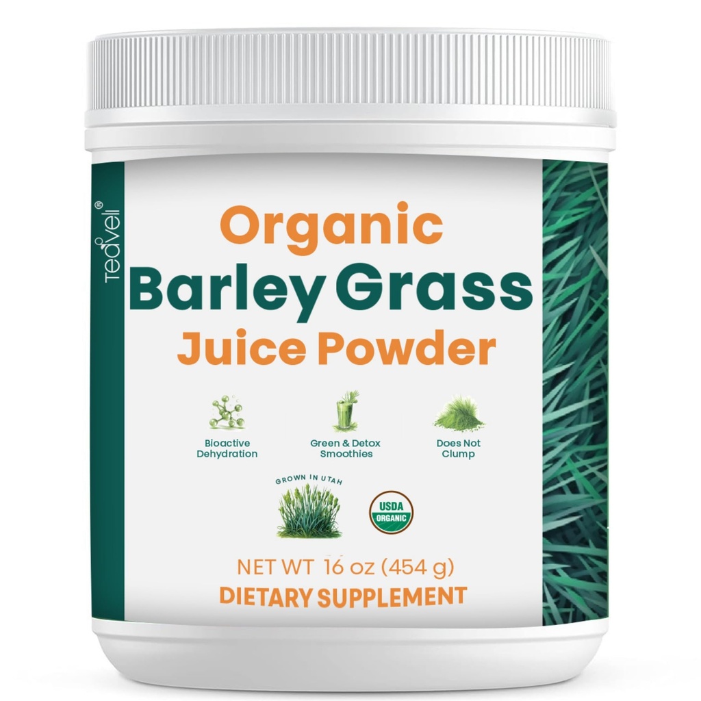 Teaveli Organic Barley Grass Juice Powder- Pěstované a sklizené v úrodné půdě Utah - 16 Ounces (454 gramů)