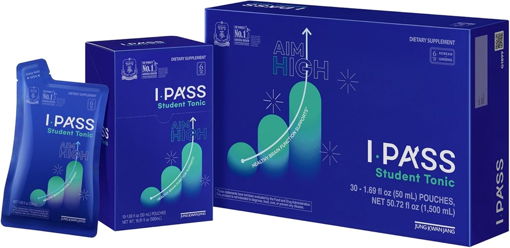 JungKwanJang iPass Student Tonic - Adaptogen Energy Drink dodatek s korejským červeným ženšen, Jujube, Astragalus & Angelica - Denní podpora pro školy a aktivity (30 Pouches, 1.69 fl oz)