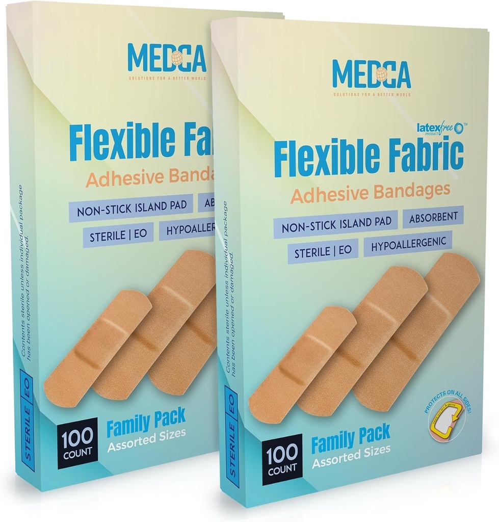 Flexibilní adhezivní náplasti pro pohodlnou flexibilní velkou ochranu a zraněnou péči o drobné kusy, škrabky, rány, tříděné velikosti (2-1 / 4 "x5 / 8", 3 "x3 / 4", 3 "x1") - Twin Pack 100 CT Box