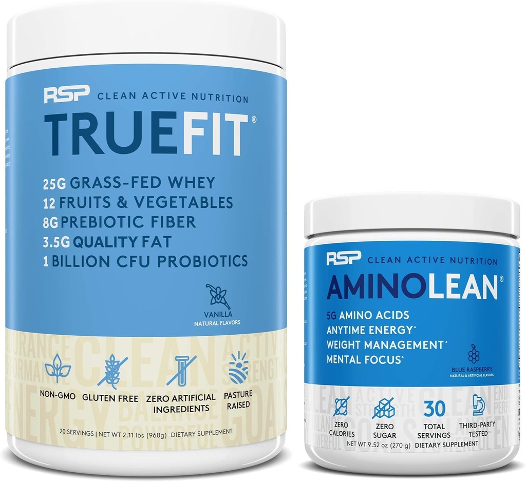 AminoLean Pre Workout Energy (Blue Raspberry 30 Servings) s TrueFit Protein Powder (Vanilla 2 LB)