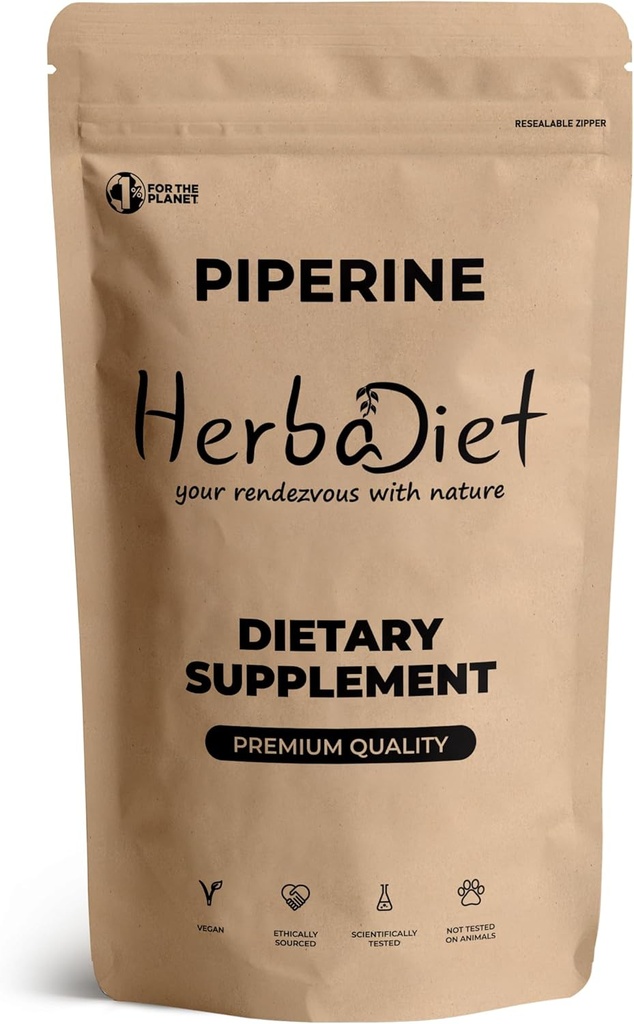 Herbadiet Piperine 95% Powder 124; Black Pepper Extract Powder 95% podle Hplc Dublin 124; Biologická dostupnost Enhancer, Posiluje Nutrients Uptake Up124; Gluten Free, Non- GMO Bulk dodatek (0.35 oz / 10 gm)