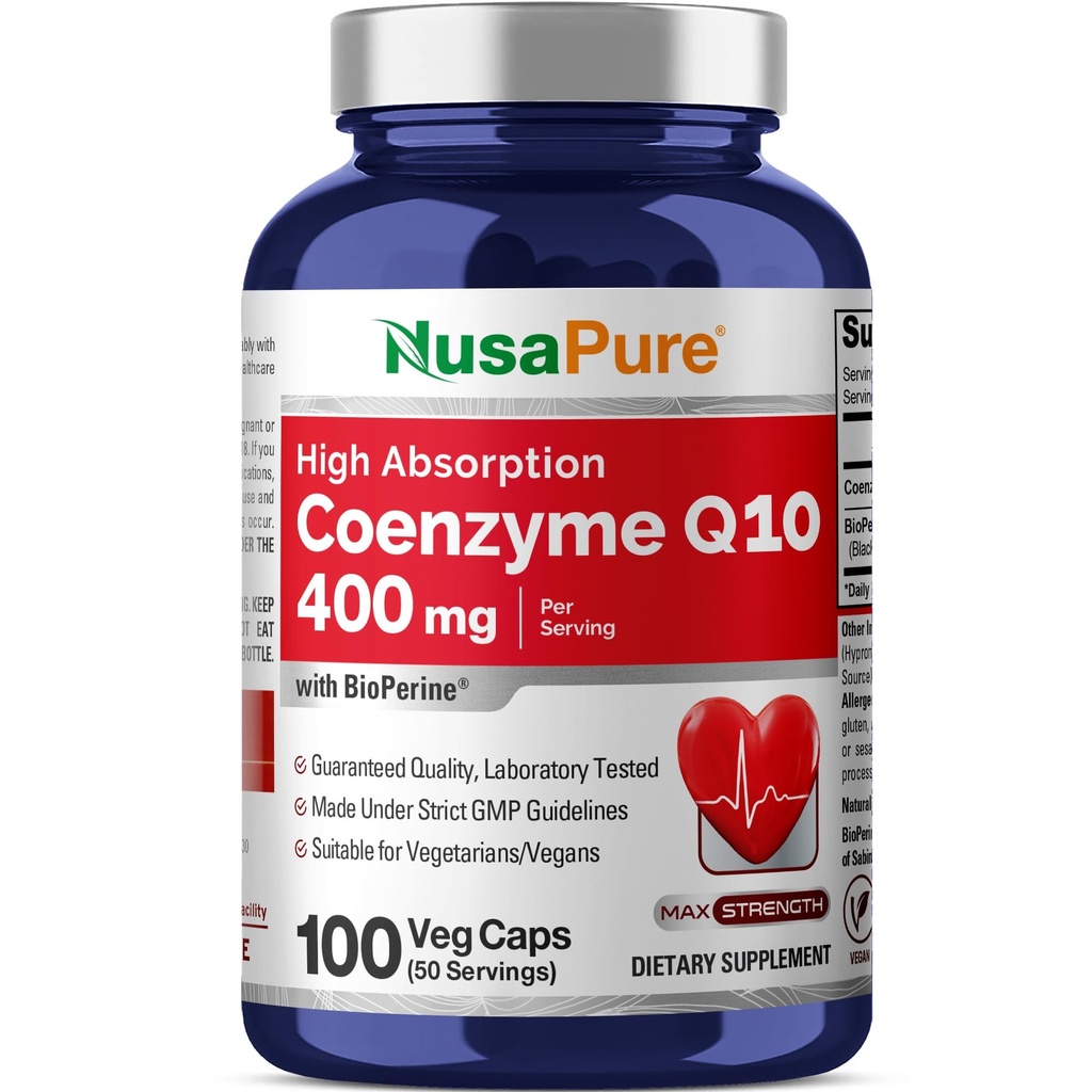 NusaPure CoQ10 400mg 100 Veggie Caps (Vegan, Non- GMO) Koenzym Q10 dodatek, Antioxidant COQ-10 enzym, Coq 10